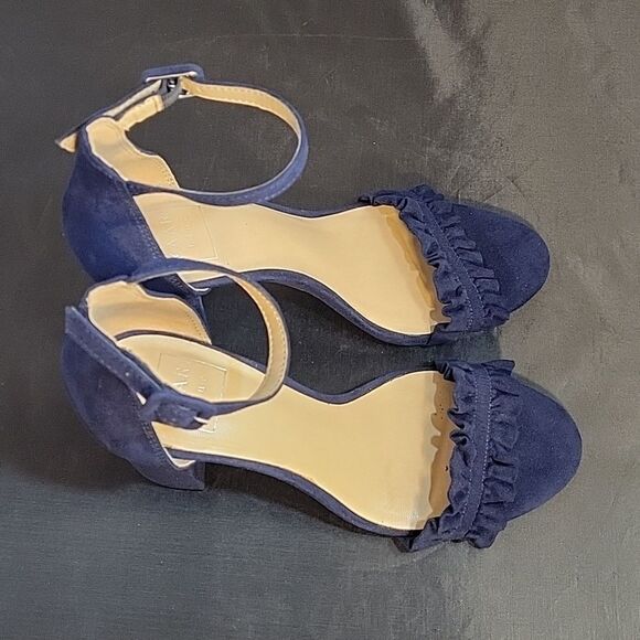 KAARI BLUE RUFFLE BLOCK HEEL OPEN TOE ADJUSTABLE BUCKLE ANKLE STRAP SANDAL - Picture 7 of 16